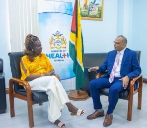 Minister Dr Frank Anthony engage with PAHO/WHO Representative on women’s and adolescent girls’ health project